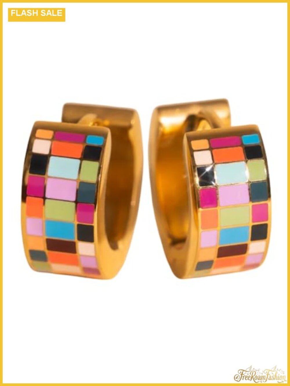 Super Chunky Checkered Huggie Hoop Earrings 316L Stainless Steel 18k PVD Gold